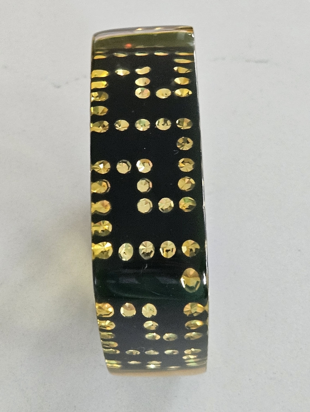 Rare Vintage Luxury Designer Black Yellow Greek Key Lucite Bangle Bracelet - Picture 4 of 14